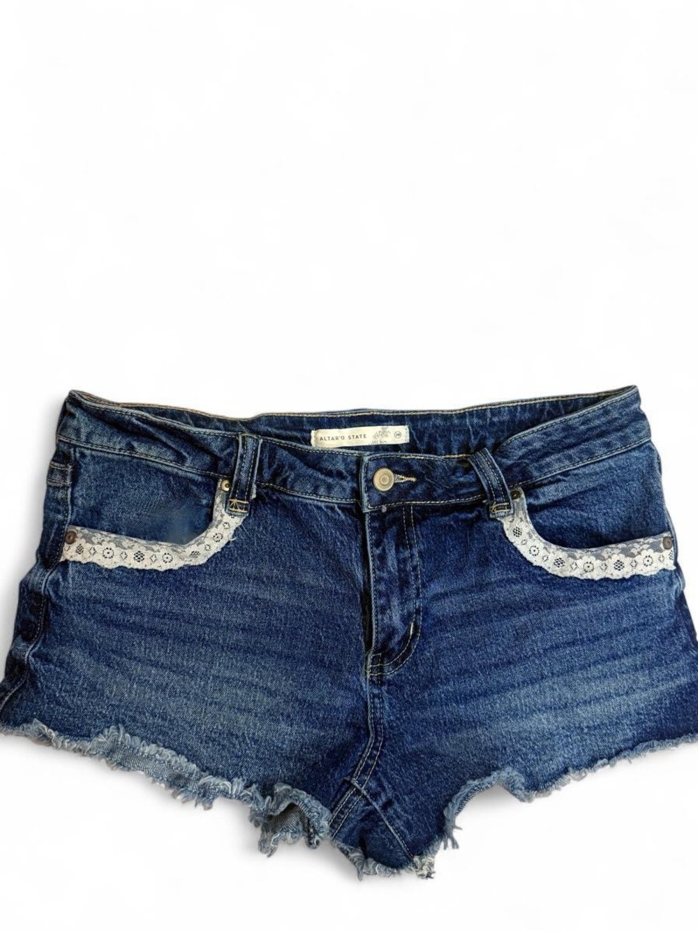 Altar'd State Dark Blue Denim Shorts with White Lace Trim